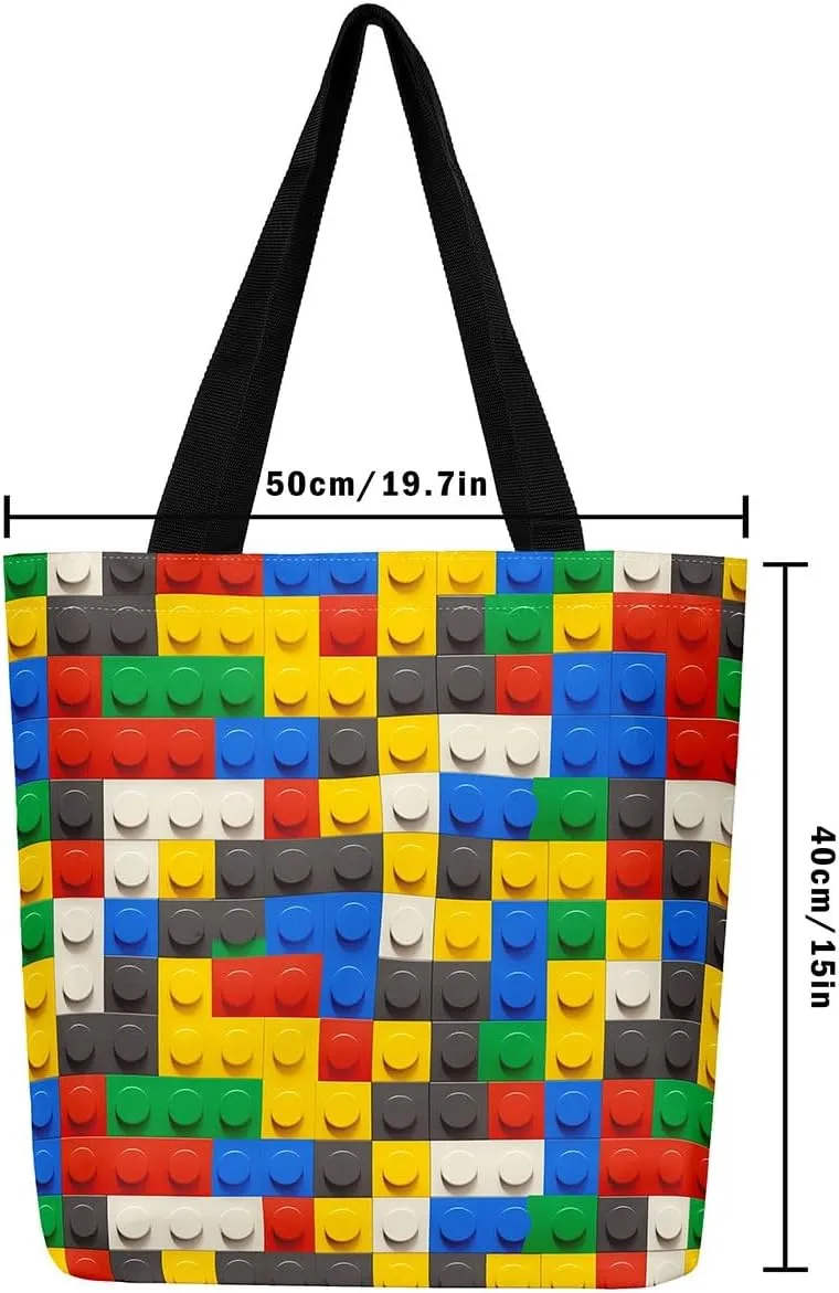 Construction Canvas Tote Bag,3D Building Blocks Duffle Bag Women Colorful Casual Reusable Handbag for Women