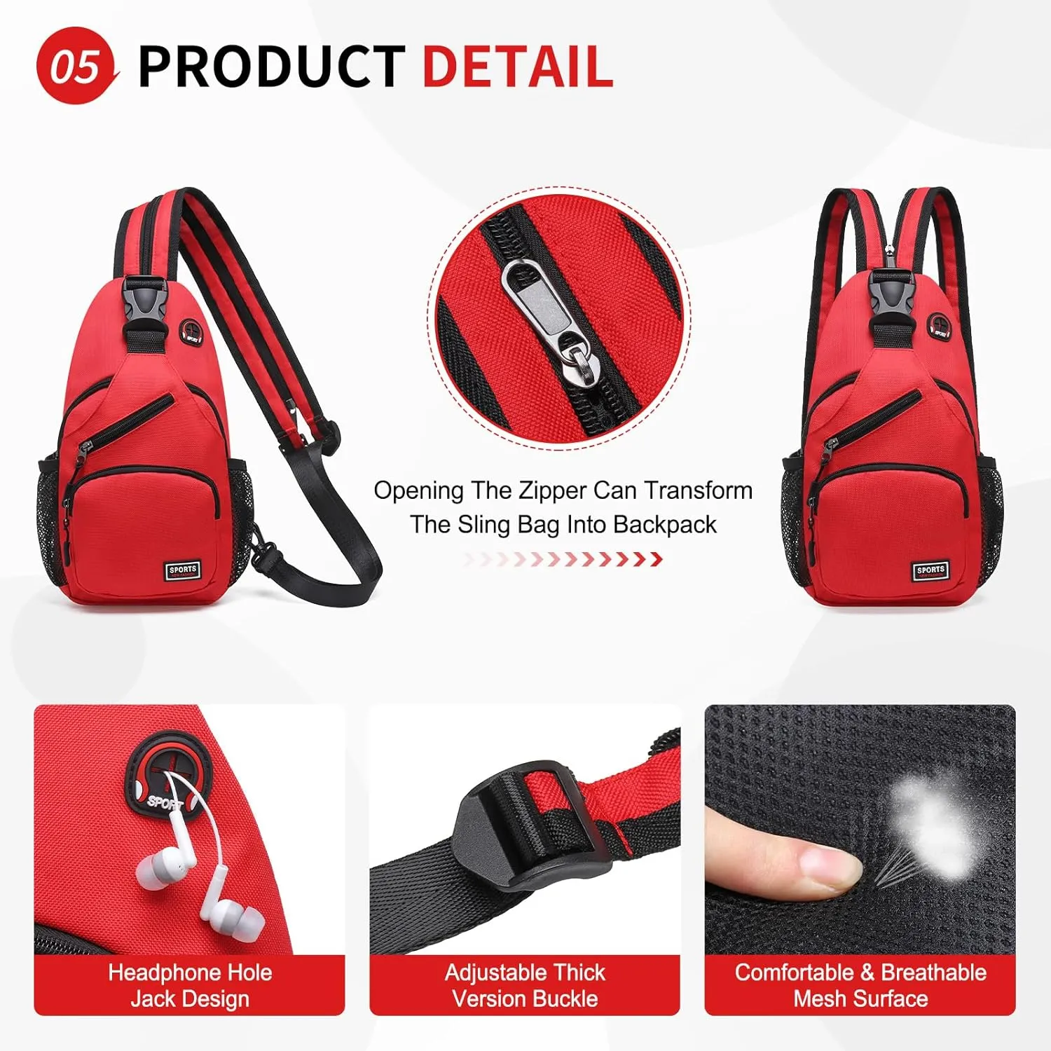 Convertible Sling Bag Crossbody Backpack, 11-Inch Pads Bags with Headphone Jack Shoulder Bag Casual Pack for Women Men Hiking Travel Cycling (Red)