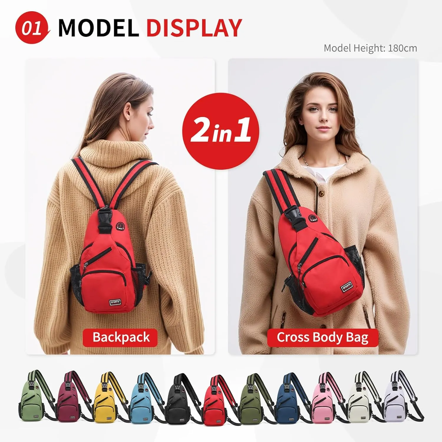 Convertible Sling Bag Crossbody Backpack, 11-Inch Pads Bags with Headphone Jack Shoulder Bag Casual Pack for Women Men Hiking Travel Cycling (Red)