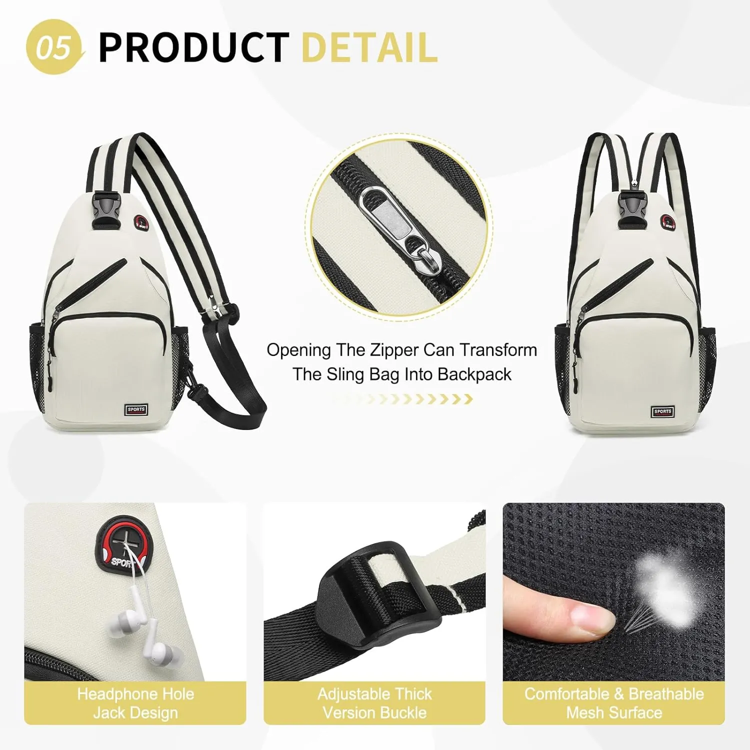 Convertible Sling Bag Crossbody Backpack, 12.9-Inch Pads Bags with Headphone Jack Shoulder Bag Casual Pack for Women Men Hiking Travel Cycling (White)