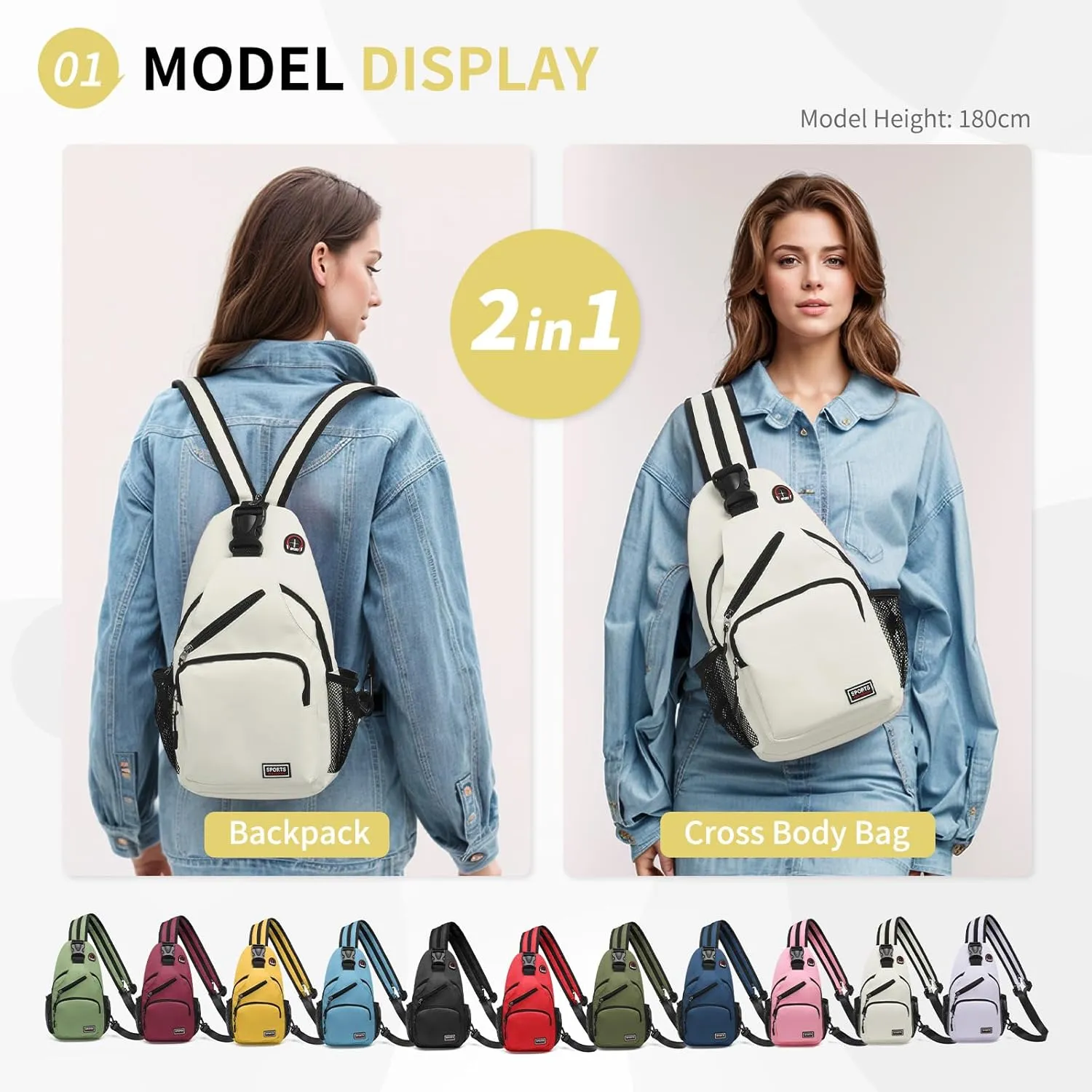 Convertible Sling Bag Crossbody Backpack, 12.9-Inch Pads Bags with Headphone Jack Shoulder Bag Casual Pack for Women Men Hiking Travel Cycling (White)