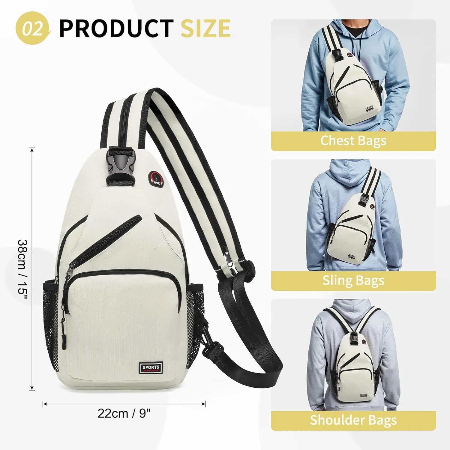 Convertible Sling Bag Crossbody Backpack, 12.9-Inch Pads Bags with Headphone Jack Shoulder Bag Casual Pack for Women Men Hiking Travel Cycling (White)