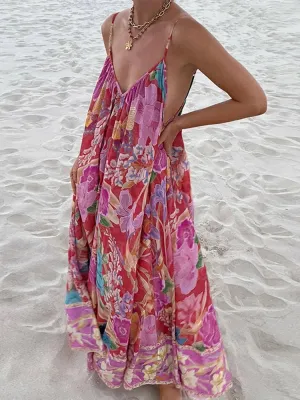 Cost-effective Women Street Beach Long Printing Printed Backless Chic Sling Fully integrated Spring Retro Holiday Female Loose Dress Sleeveless V-neck Dresses