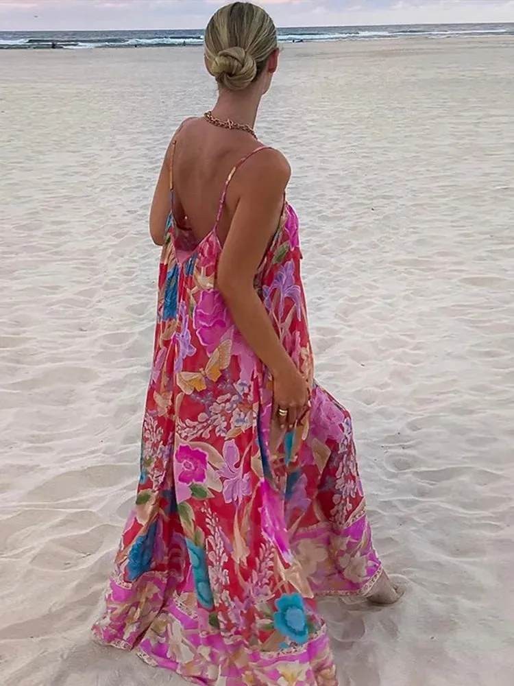 Cost-effective Women Street Beach Long Printing Printed Backless Chic Sling Fully integrated Spring Retro Holiday Female Loose Dress Sleeveless V-neck Dresses