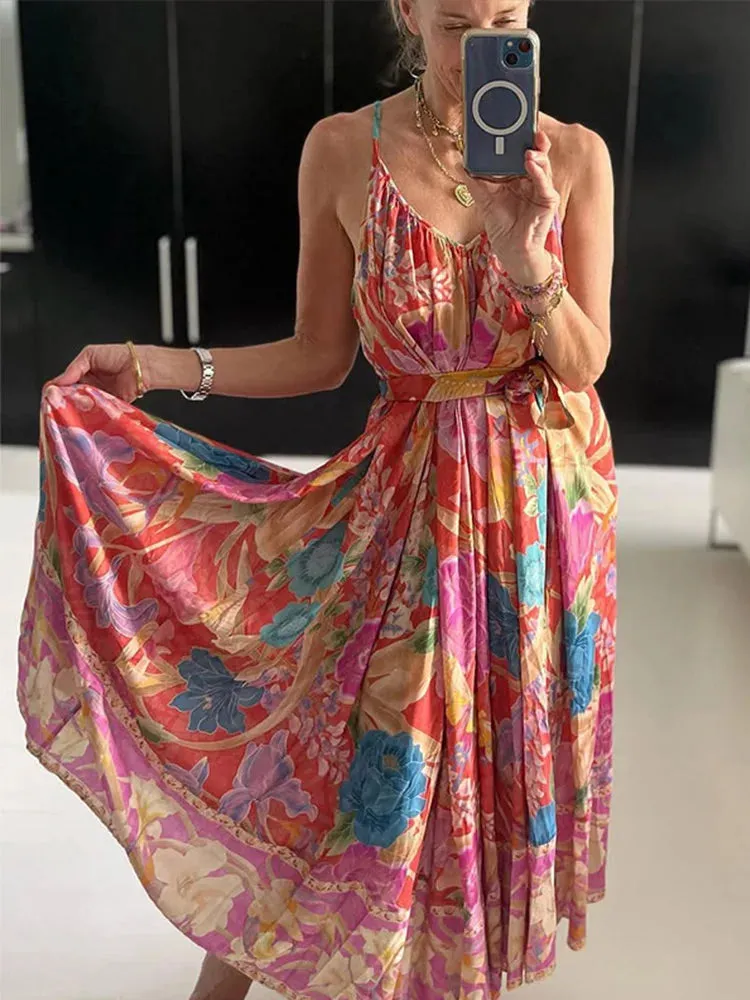 Cost-effective Women Street Beach Long Printing Printed Backless Chic Sling Fully integrated Spring Retro Holiday Female Loose Dress Sleeveless V-neck Dresses