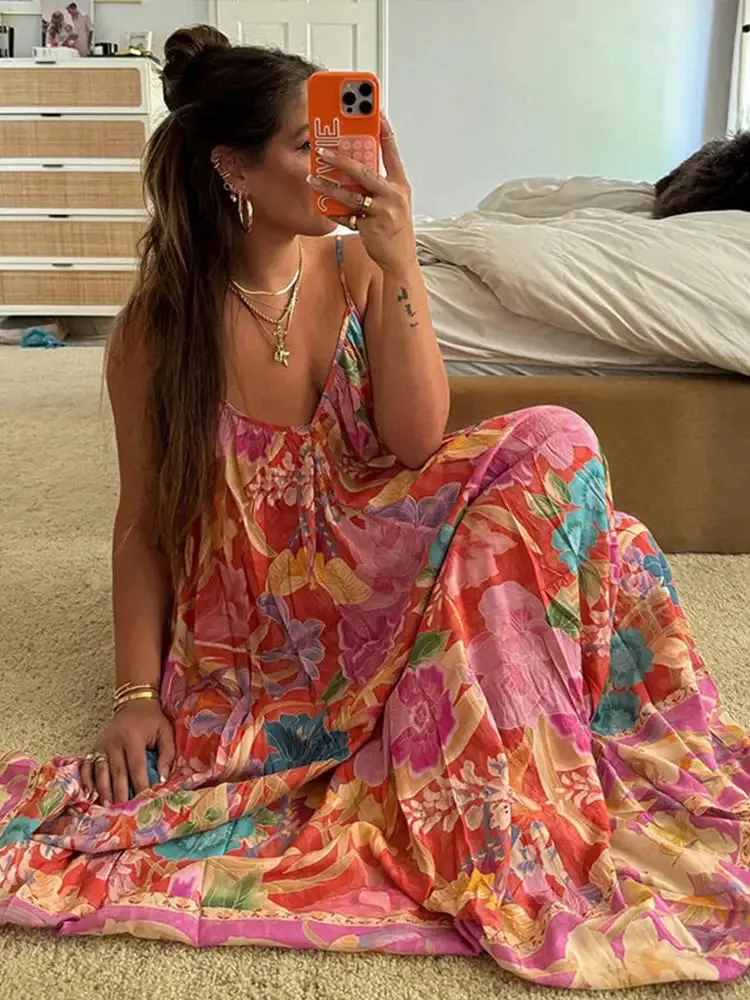 Cost-effective Women Street Beach Long Printing Printed Backless Chic Sling Fully integrated Spring Retro Holiday Female Loose Dress Sleeveless V-neck Dresses