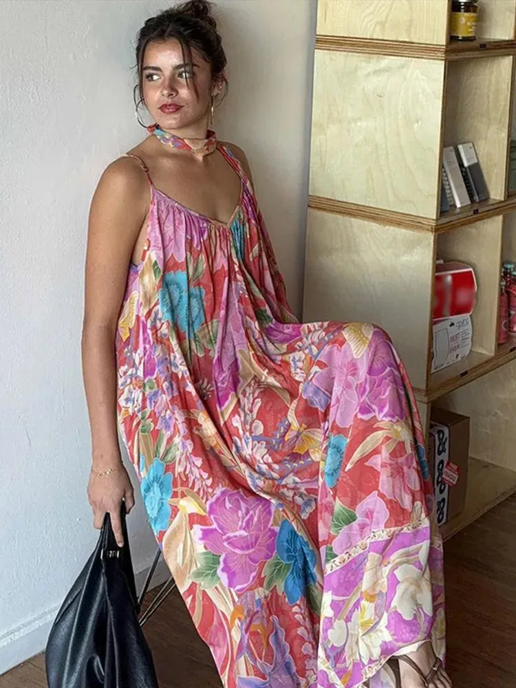 Cost-effective Women Street Beach Long Printing Printed Backless Chic Sling Fully integrated Spring Retro Holiday Female Loose Dress Sleeveless V-neck Dresses