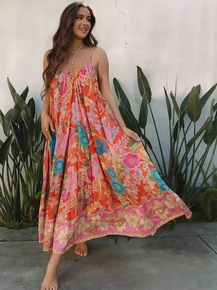 Cost-effective Women Street Beach Long Printing Printed Backless Chic Sling Fully integrated Spring Retro Holiday Female Loose Dress Sleeveless V-neck Dresses