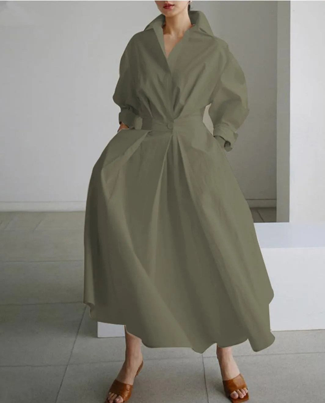 Cotton Linen Maxi Shirt Dress for Women Button Smocked Waist Loose Long Dress Long Sleeve Lapel Bodycon with Pockets