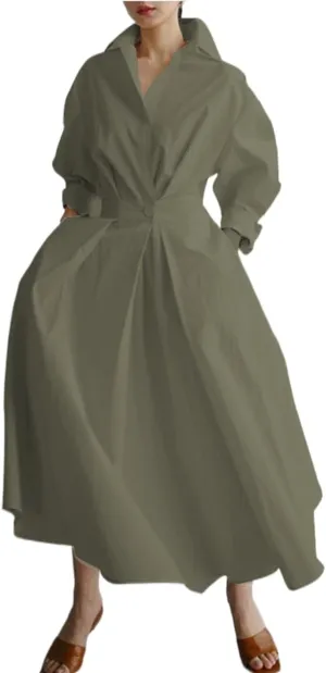 Cotton Linen Maxi Shirt Dress for Women Button Smocked Waist Loose Long Dress Long Sleeve Lapel Bodycon with Pockets
