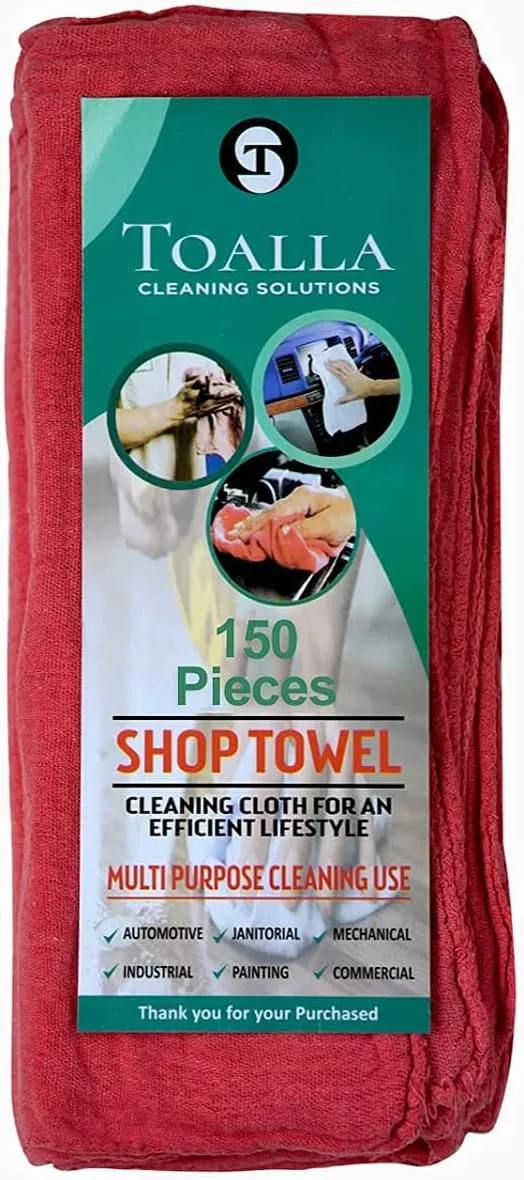 Cotton Shop Towels Red – (Pack of 150) Size 14x14 Inches Cleaning Rags – Absorbent Shop Rags and Multipurpose Cleaning Towels for Automobiles, Industries, Garage and Homes