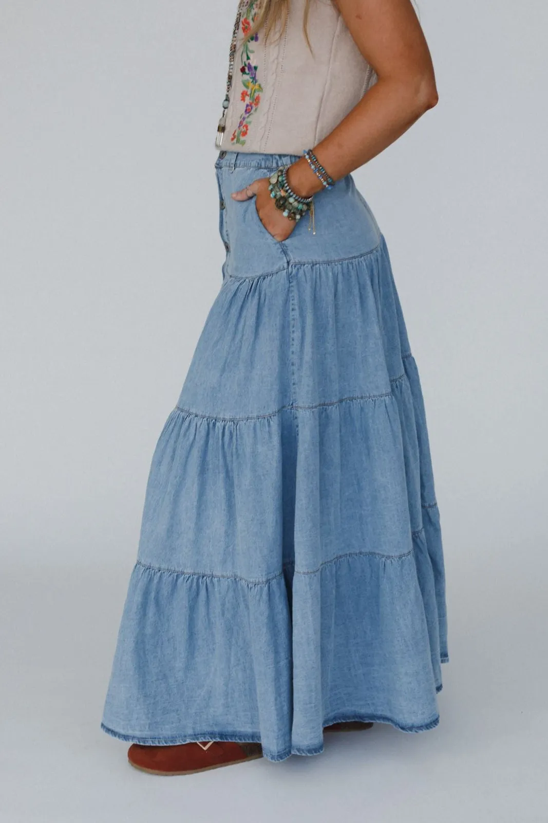 Country Mart Tiered Maxi Skirt - Denim