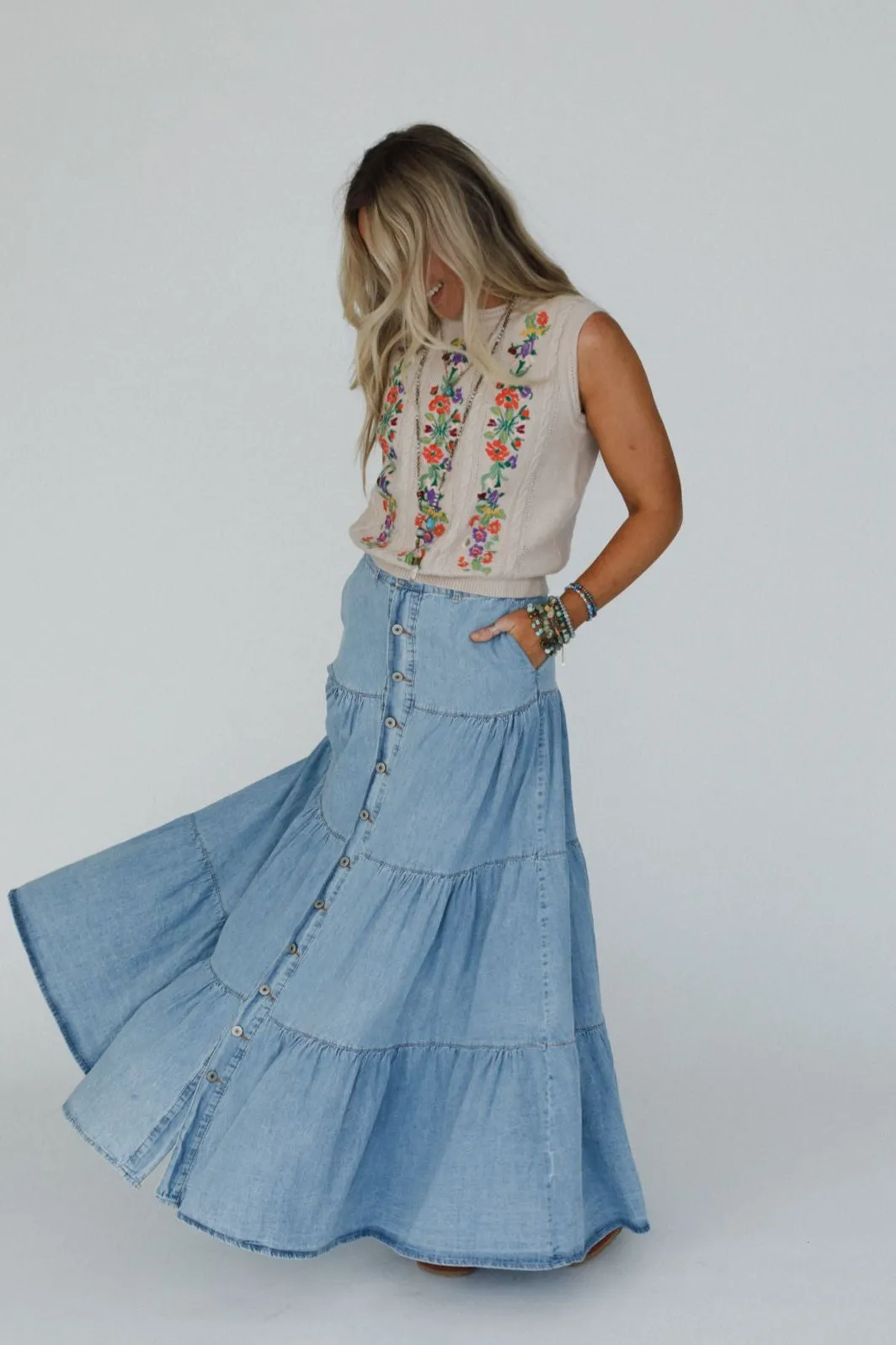 Country Mart Tiered Maxi Skirt - Denim