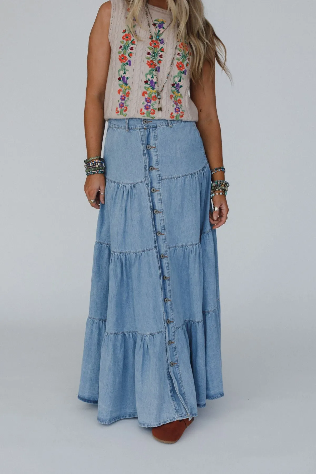 Country Mart Tiered Maxi Skirt - Denim
