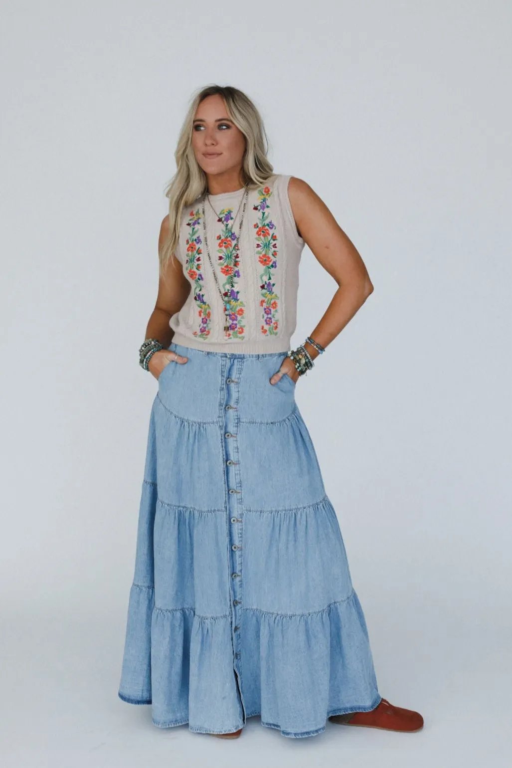 Country Mart Tiered Maxi Skirt - Denim