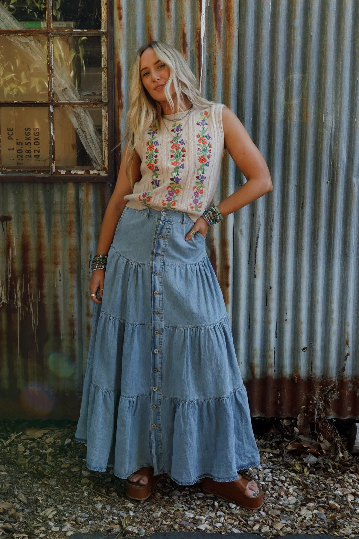 Country Mart Tiered Maxi Skirt - Denim