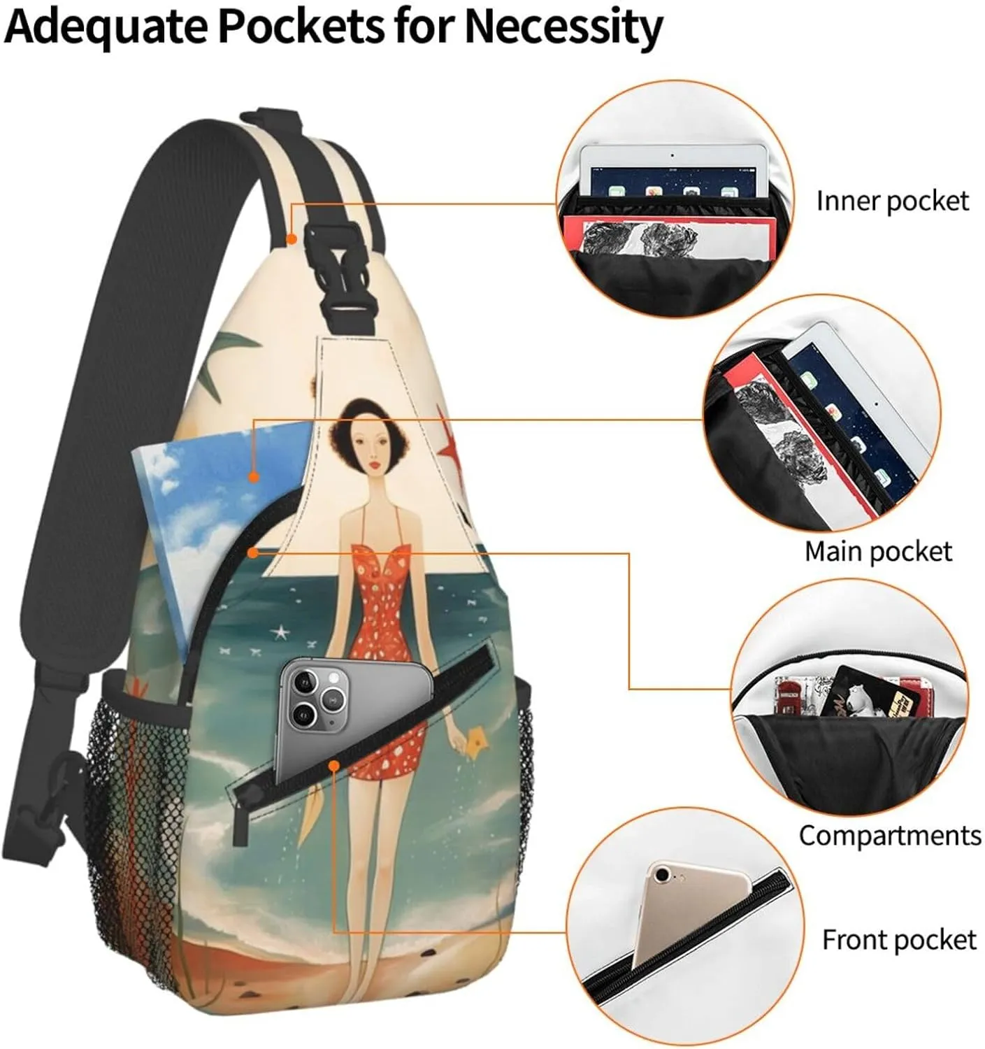 Crossbody Sling Backpack Sling Bag For Men Women Cross Chest Bag Shoulder Bag Beach Retro Postcard Travel Hiking Daypack