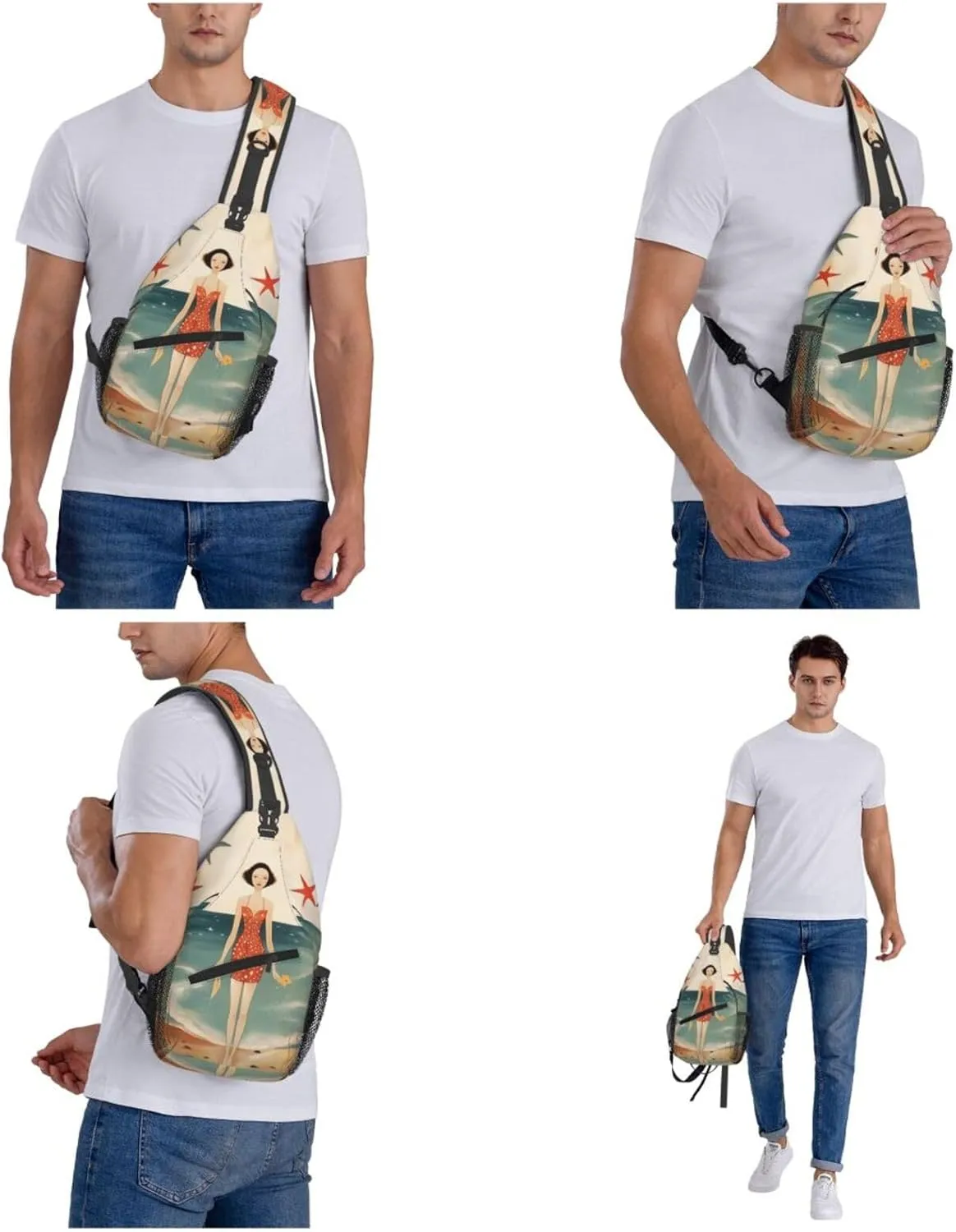 Crossbody Sling Backpack Sling Bag For Men Women Cross Chest Bag Shoulder Bag Beach Retro Postcard Travel Hiking Daypack