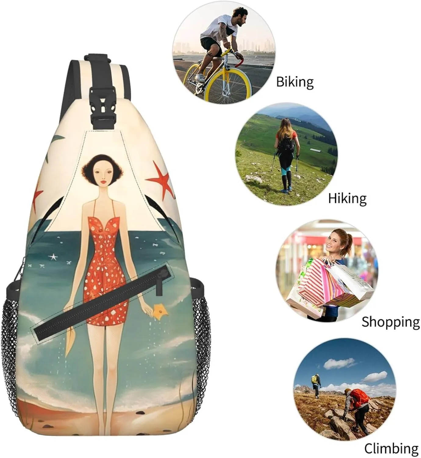 Crossbody Sling Backpack Sling Bag For Men Women Cross Chest Bag Shoulder Bag Beach Retro Postcard Travel Hiking Daypack