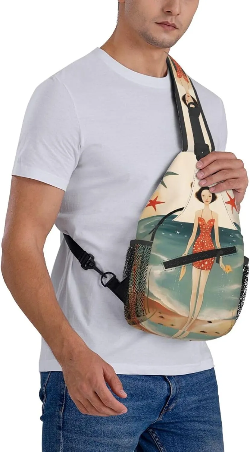 Crossbody Sling Backpack Sling Bag For Men Women Cross Chest Bag Shoulder Bag Beach Retro Postcard Travel Hiking Daypack