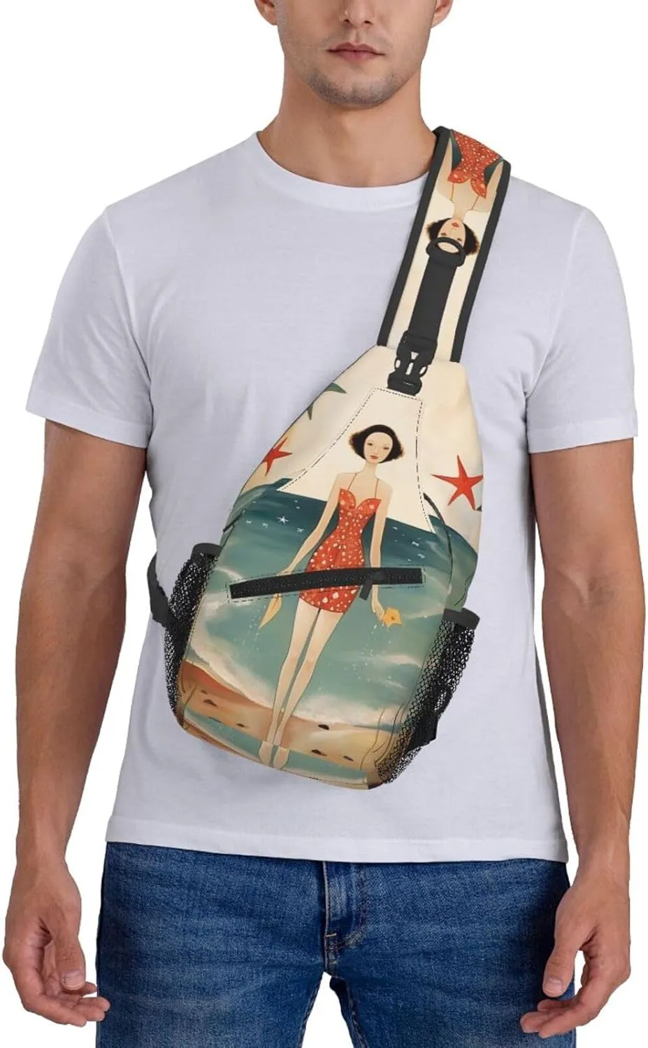 Crossbody Sling Backpack Sling Bag For Men Women Cross Chest Bag Shoulder Bag Beach Retro Postcard Travel Hiking Daypack