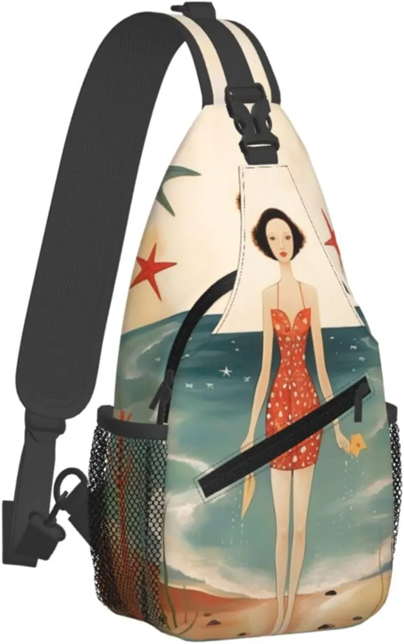 Crossbody Sling Backpack Sling Bag For Men Women Cross Chest Bag Shoulder Bag Beach Retro Postcard Travel Hiking Daypack