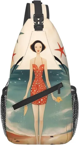 Crossbody Sling Backpack Sling Bag For Men Women Cross Chest Bag Shoulder Bag Beach Retro Postcard Travel Hiking Daypack