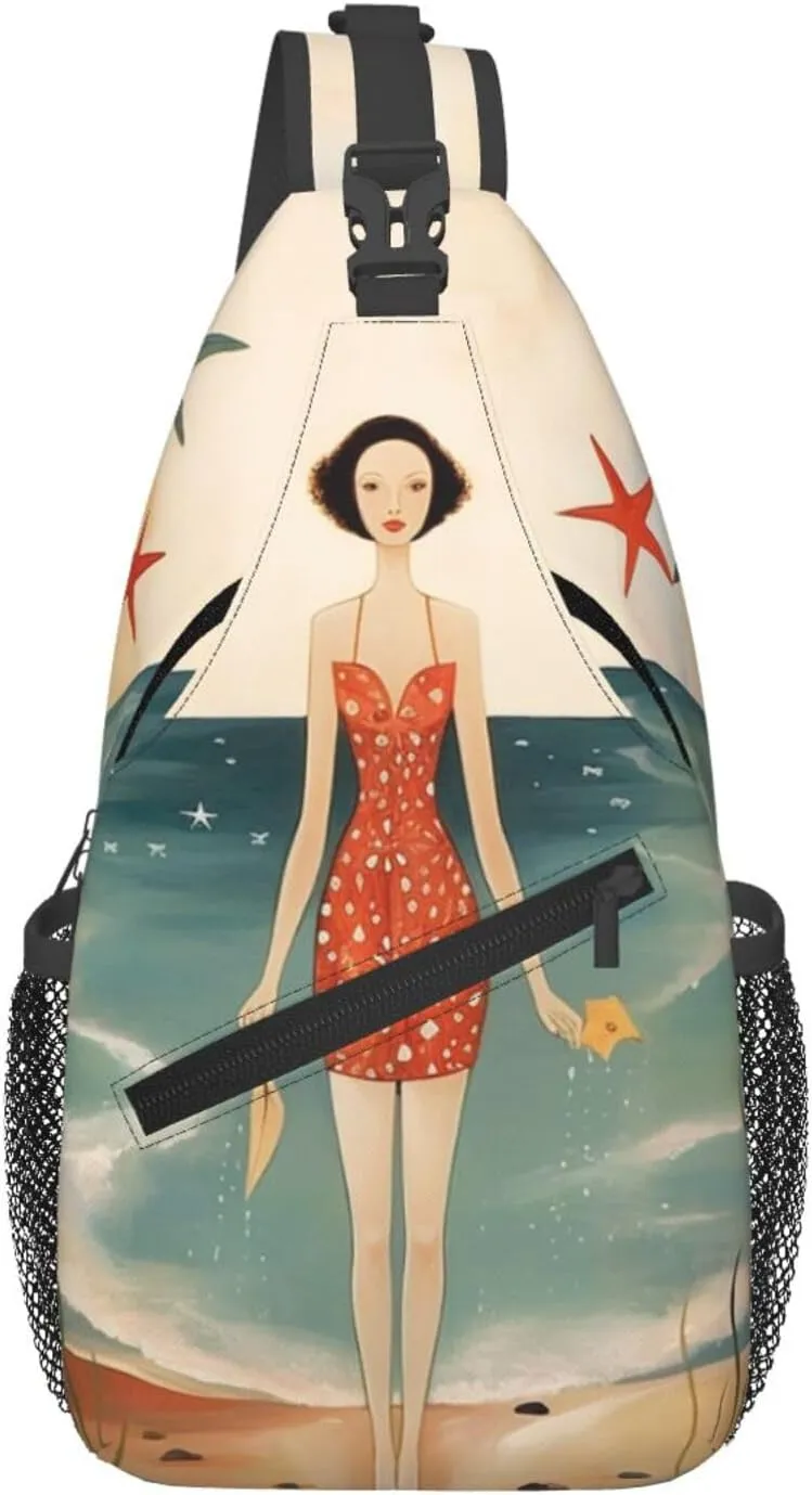 Crossbody Sling Backpack Sling Bag For Men Women Cross Chest Bag Shoulder Bag Beach Retro Postcard Travel Hiking Daypack