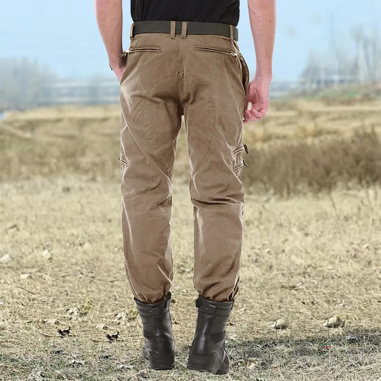 CRYSULLY Men's Cargo Pants Tactical Military Pants Work Army Cotton Trousers with Multi-Pockets (No Belt)