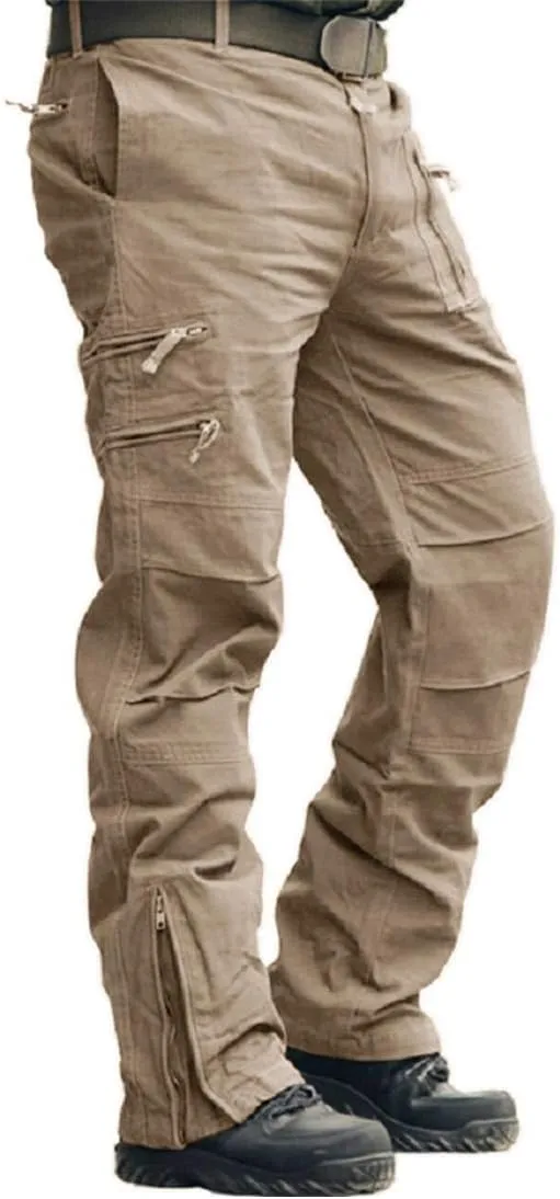 CRYSULLY Men's Cargo Pants Tactical Military Pants Work Army Cotton Trousers with Multi-Pockets (No Belt)