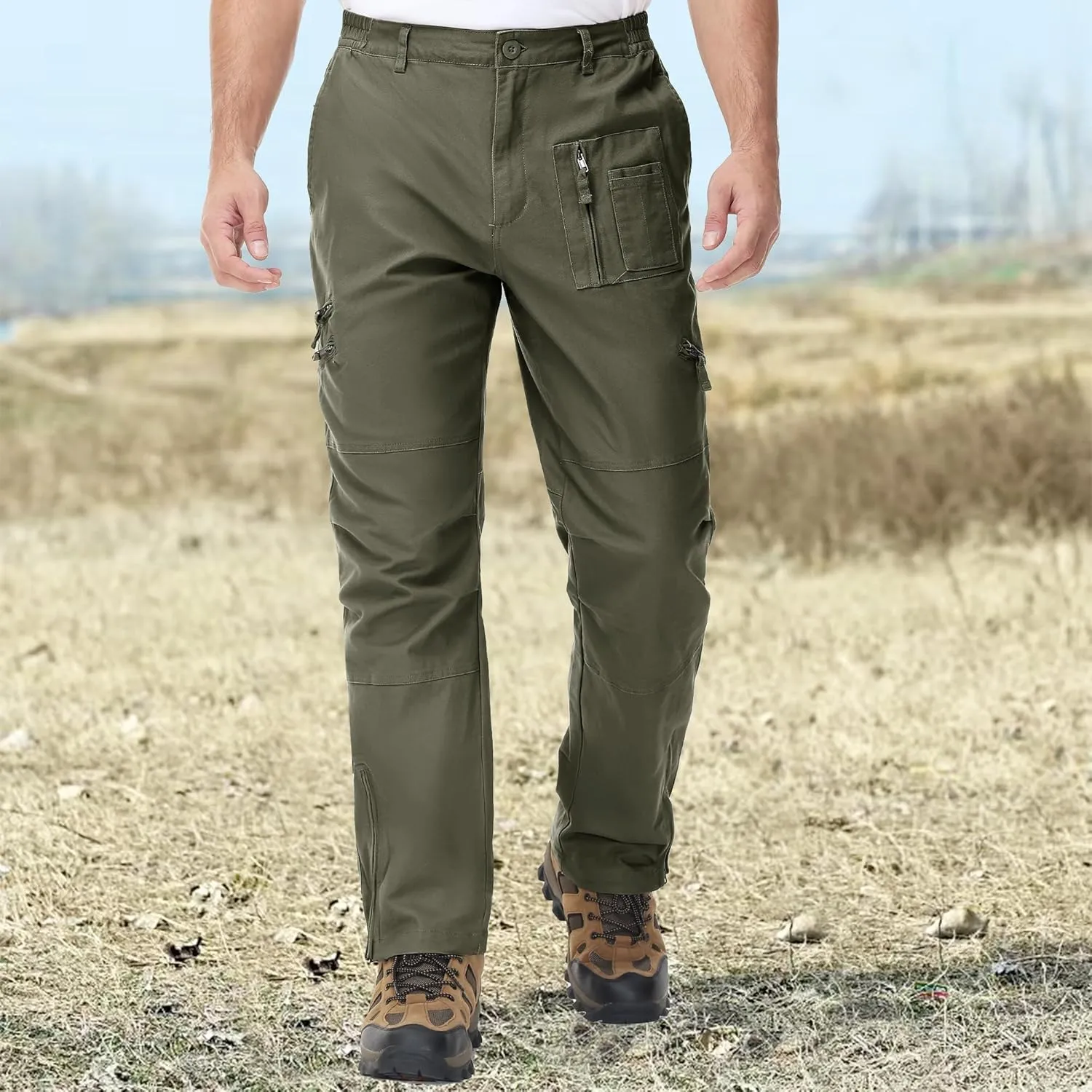 CRYSULLY Men's Cargo Pants Tactical Military Pants Work Army Cotton Trousers with Multi-Pockets (No Belt)