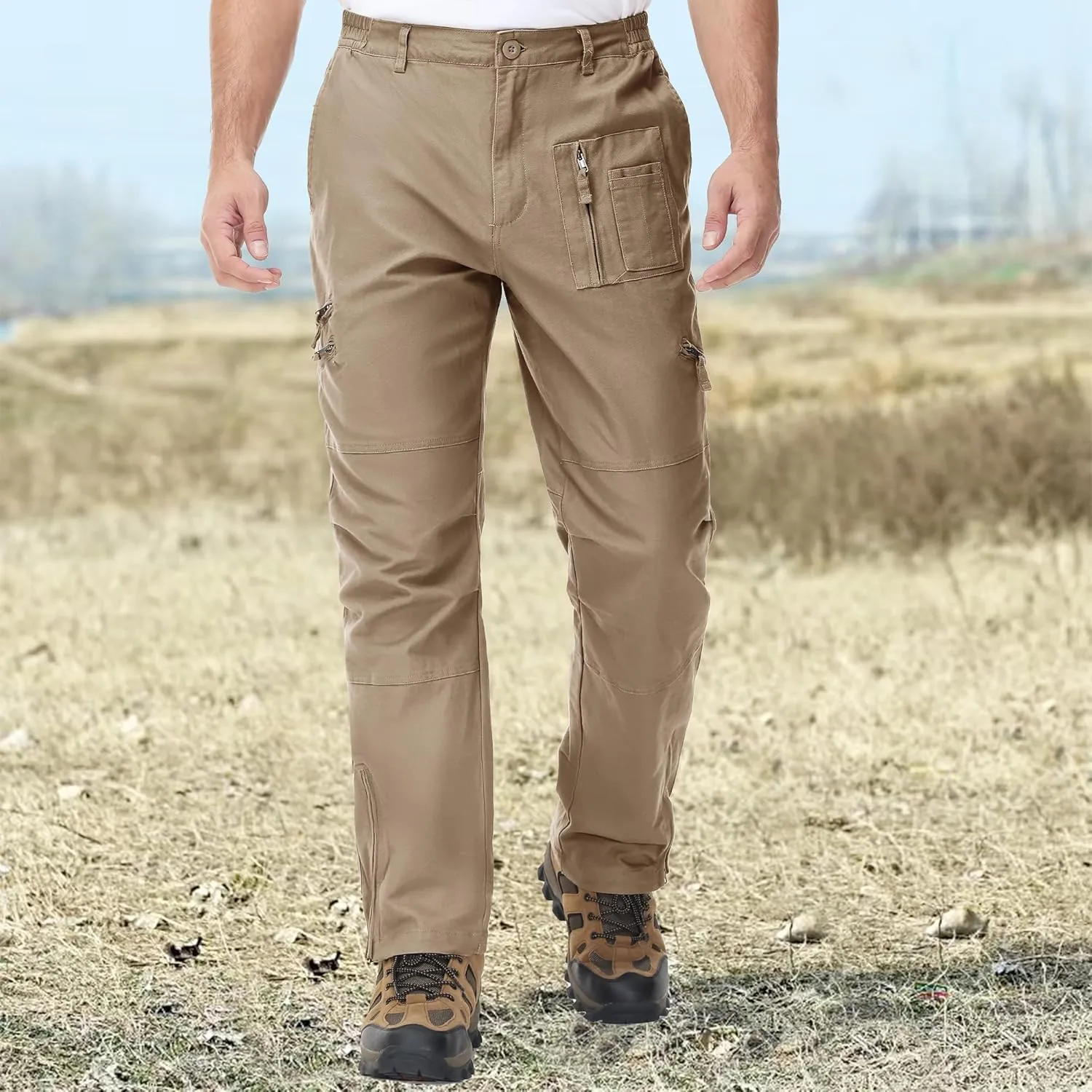 CRYSULLY Men's Cargo Pants Tactical Military Pants Work Army Cotton Trousers with Multi-Pockets (No Belt)