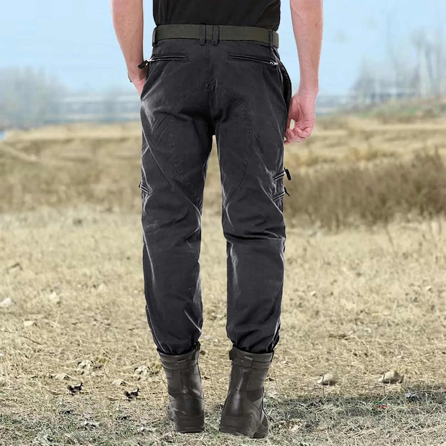 CRYSULLY Men's Tactical Pants Military Work Pants for Men Ripstop 9 Pockets Construction Trousers (No Belt)