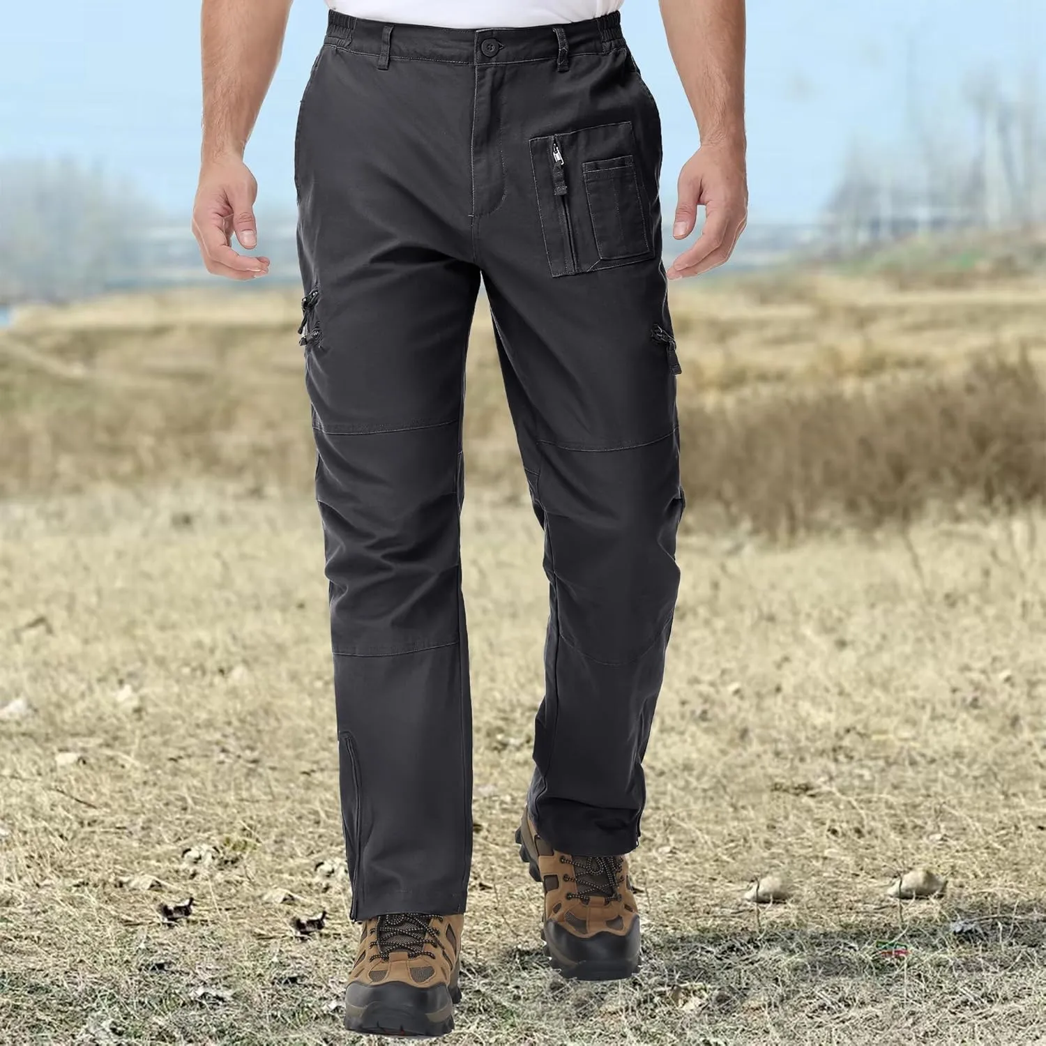 CRYSULLY Men's Tactical Pants Military Work Pants for Men Ripstop 9 Pockets Construction Trousers (No Belt)