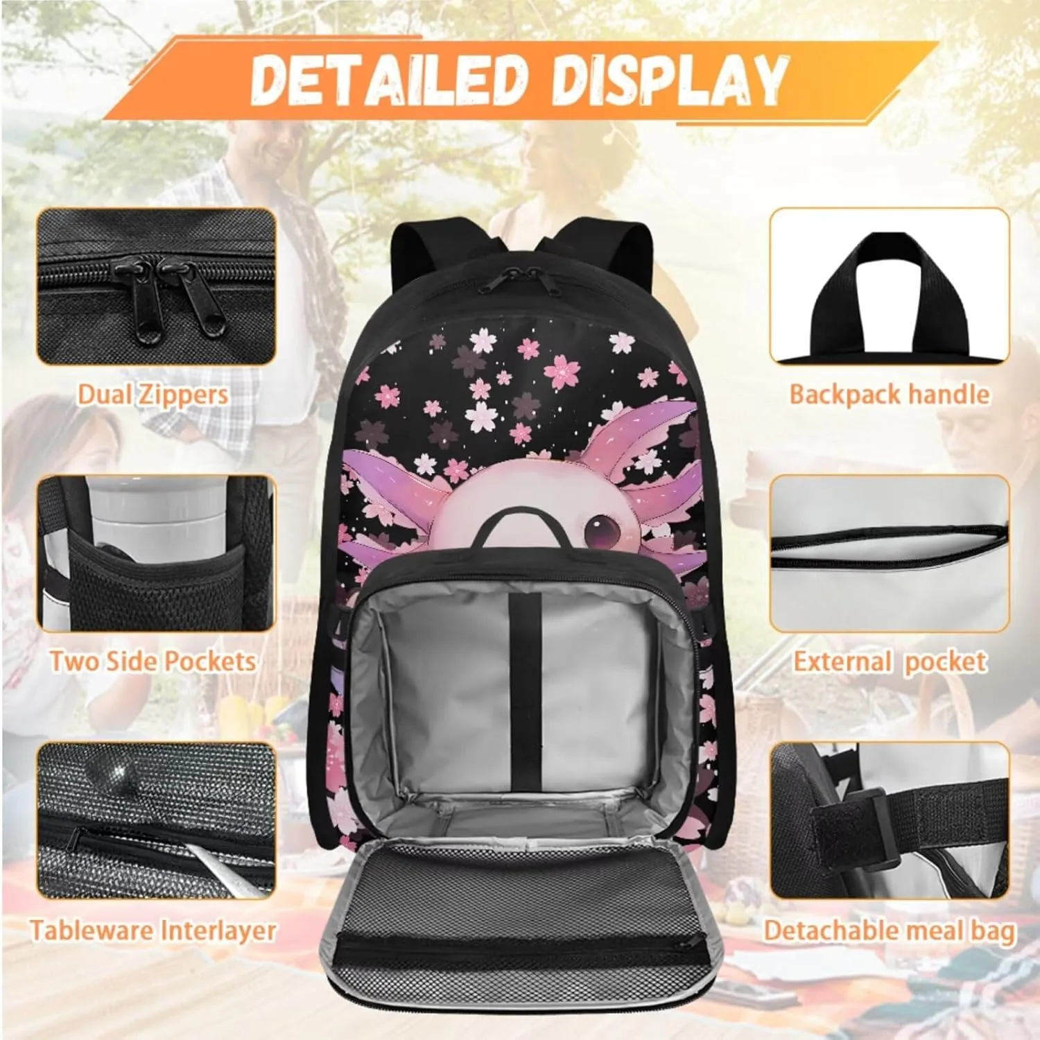 Custom Girls Bookbag with Lunch Box Personalized Axolotl 4th Grade Backpack for Girls Cherry Blossom Kids Backpack with Lunch Box Customized Book Bags for Classroom