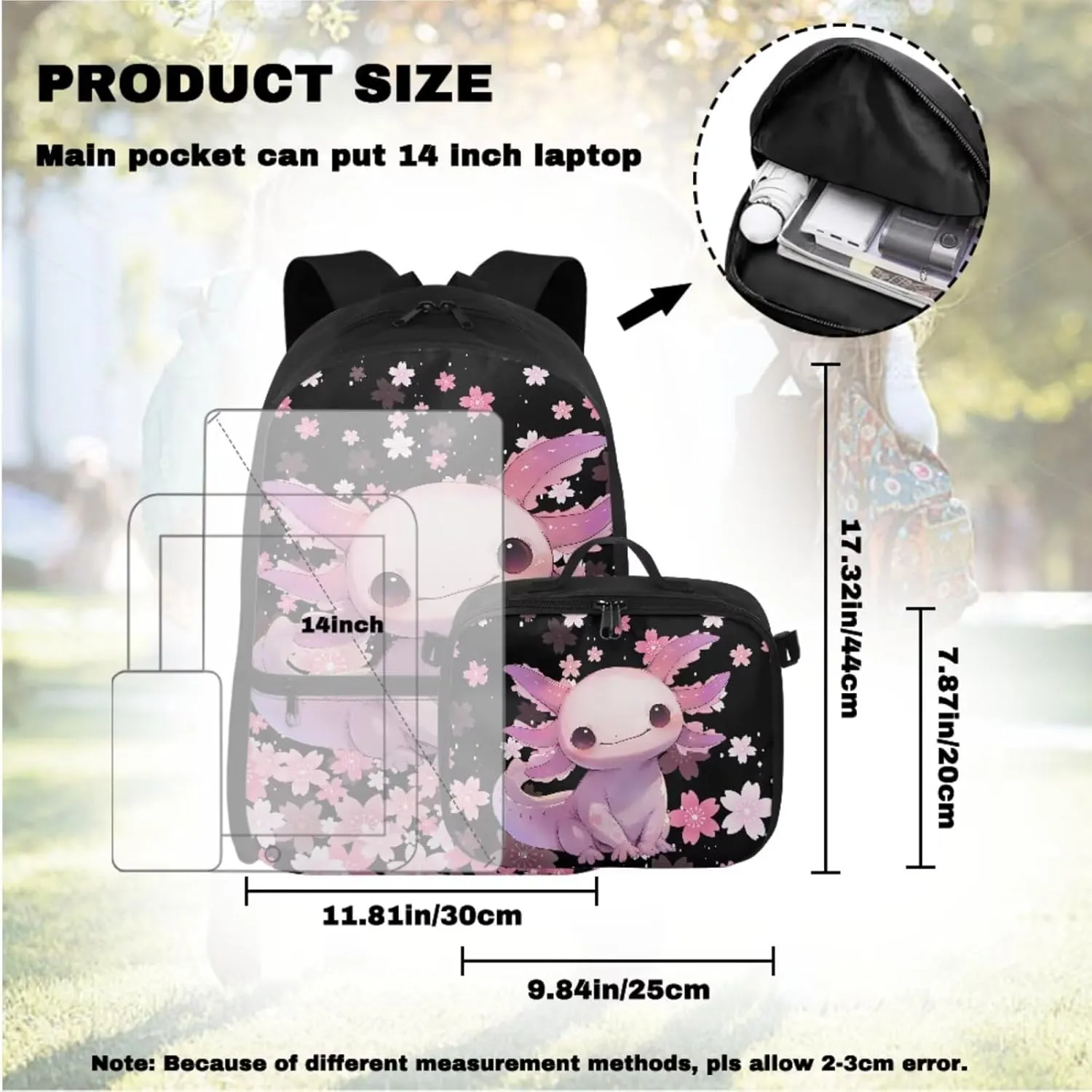 Custom Girls Bookbag with Lunch Box Personalized Axolotl 4th Grade Backpack for Girls Cherry Blossom Kids Backpack with Lunch Box Customized Book Bags for Classroom