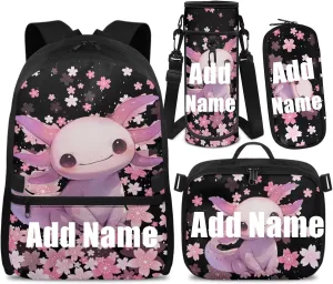 Custom Girls Bookbag with Lunch Box Personalized Axolotl 4th Grade Backpack for Girls Cherry Blossom Kids Backpack with Lunch Box Customized Book Bags for Classroom