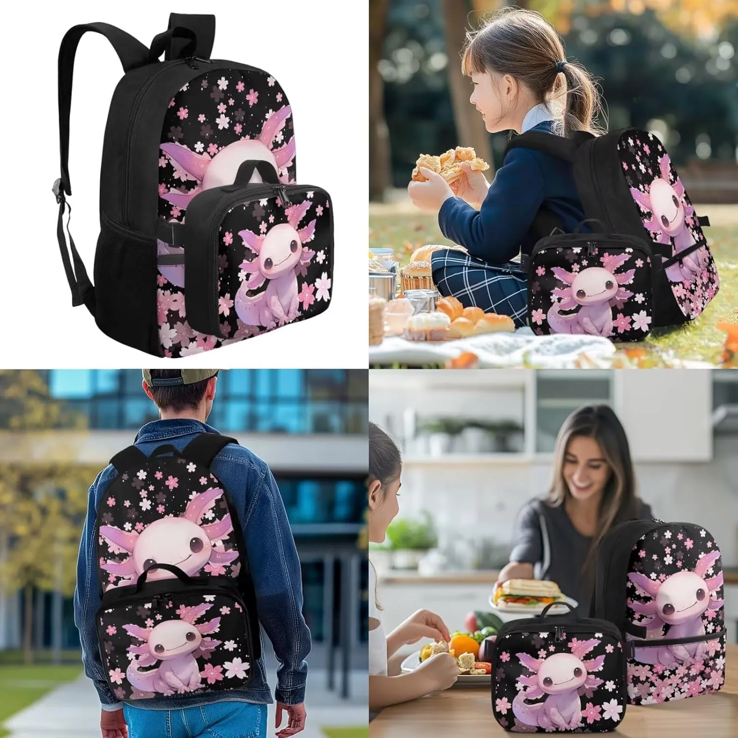 Custom Girls Bookbag with Lunch Box Personalized Axolotl 4th Grade Backpack for Girls Cherry Blossom Kids Backpack with Lunch Box Customized Book Bags for Classroom