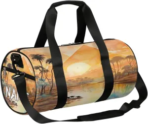 Customized Sports Gym Duffel Bag for Women & Men with Name,African Egyptian Sunset Print Waterproof Personalized Tote Travel Beach Bag for Weekender Overnight Dance Carry-On Bag