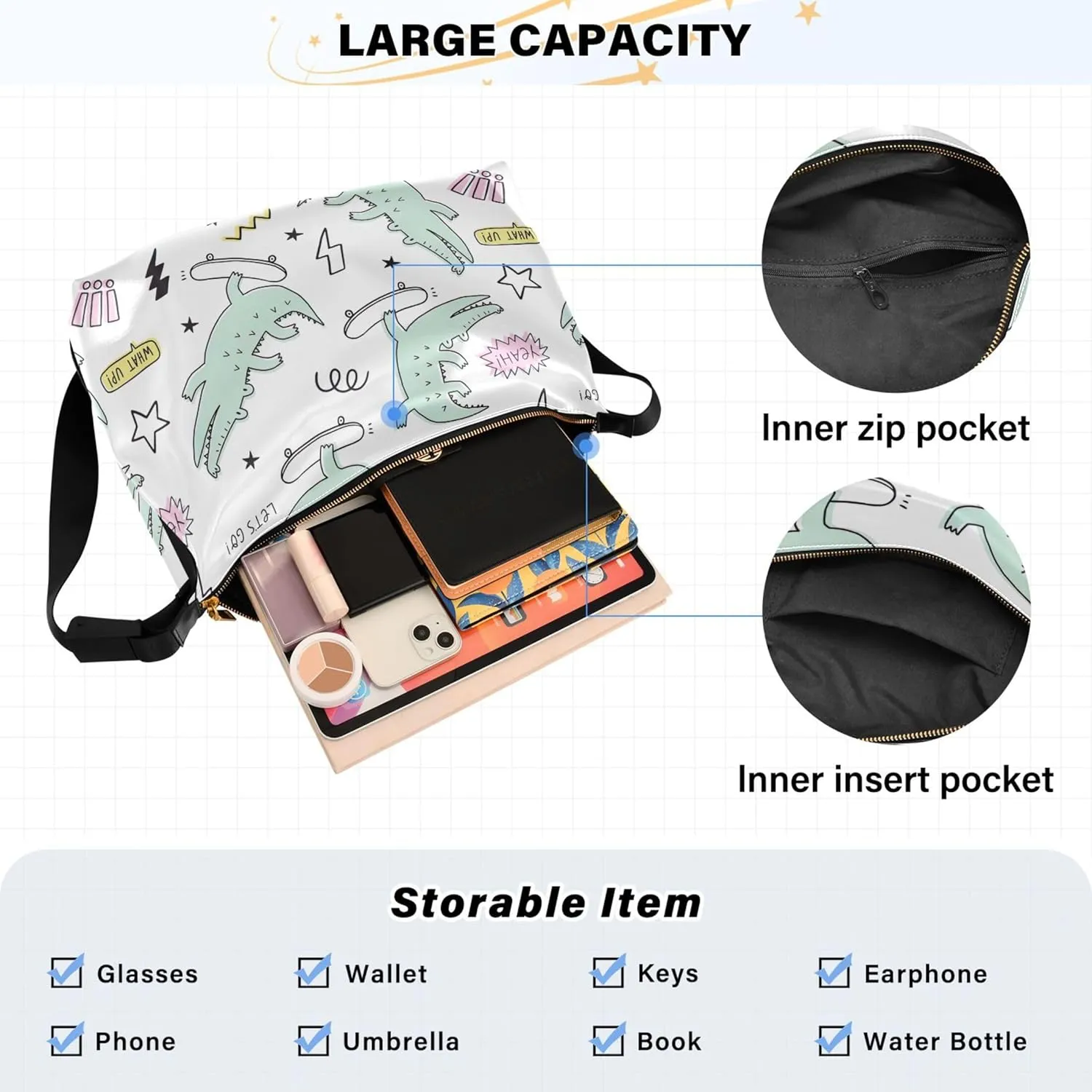 Cute Cartoon Crocodile Funny Soft PU Leather Hobo Bags Cross Body Men Bag Floral Animal Print Womens Shoulder Purse