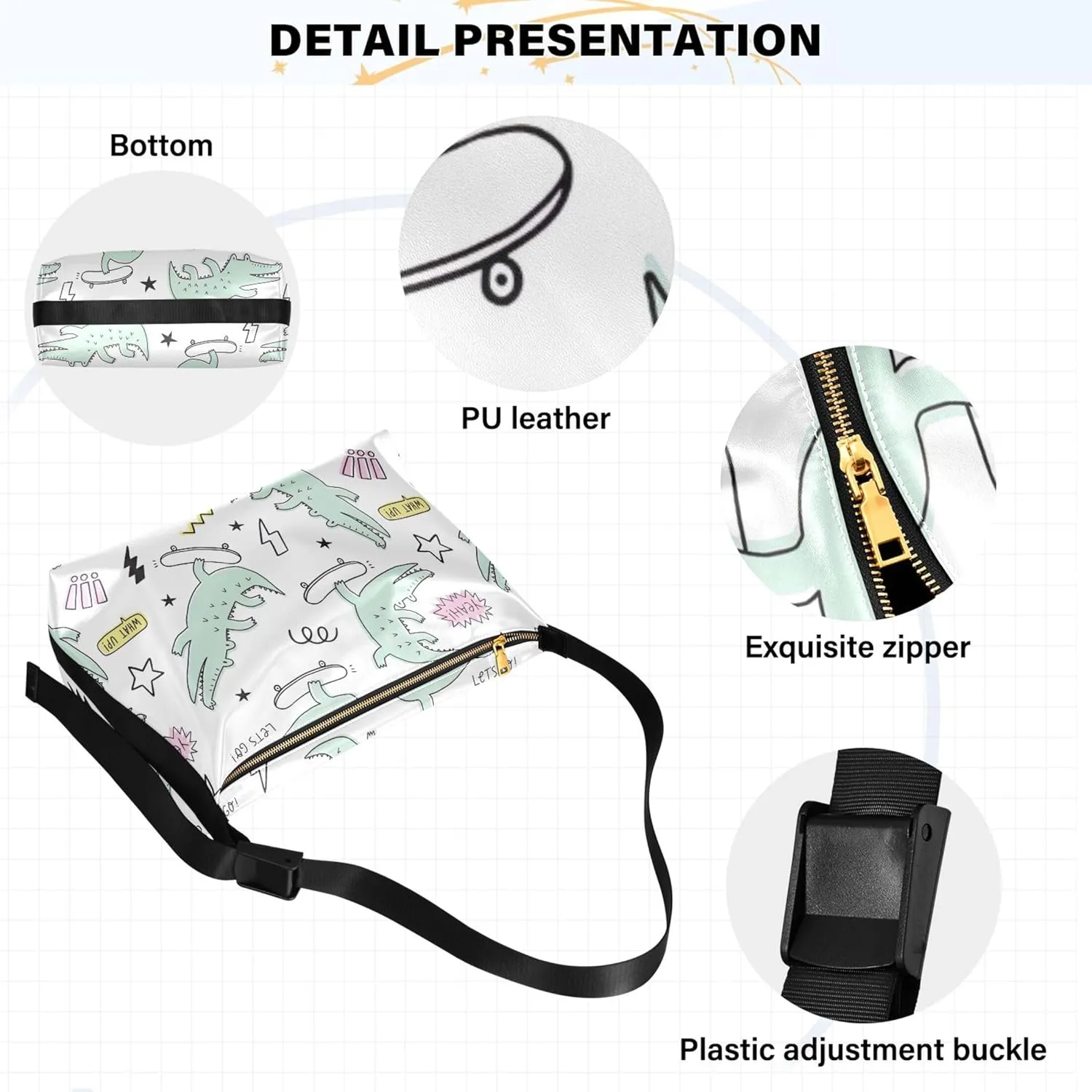 Cute Cartoon Crocodile Funny Soft PU Leather Hobo Bags Cross Body Men Bag Floral Animal Print Womens Shoulder Purse