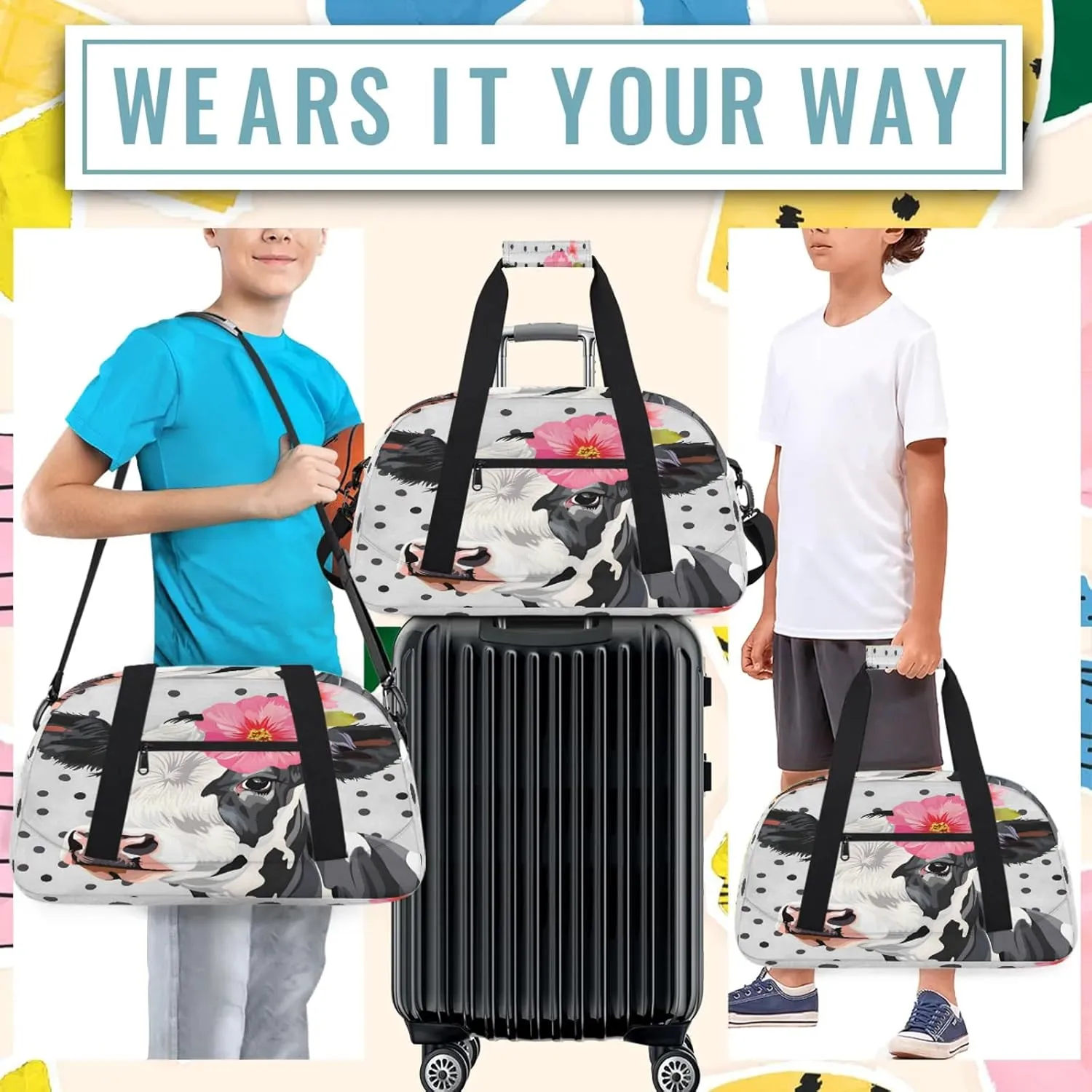 Cute Floral Cow Small Gym Bag 18 inch Carry On Duffel Bag for Weekender Travel Sports Workout Yoga Gymnastics Dance Ballet