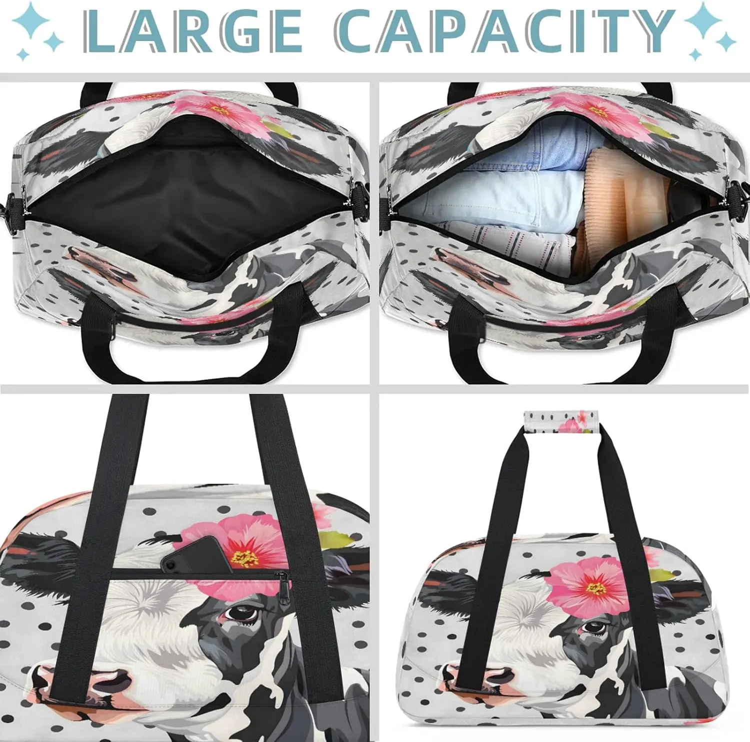 Cute Floral Cow Small Gym Bag 18 inch Carry On Duffel Bag for Weekender Travel Sports Workout Yoga Gymnastics Dance Ballet