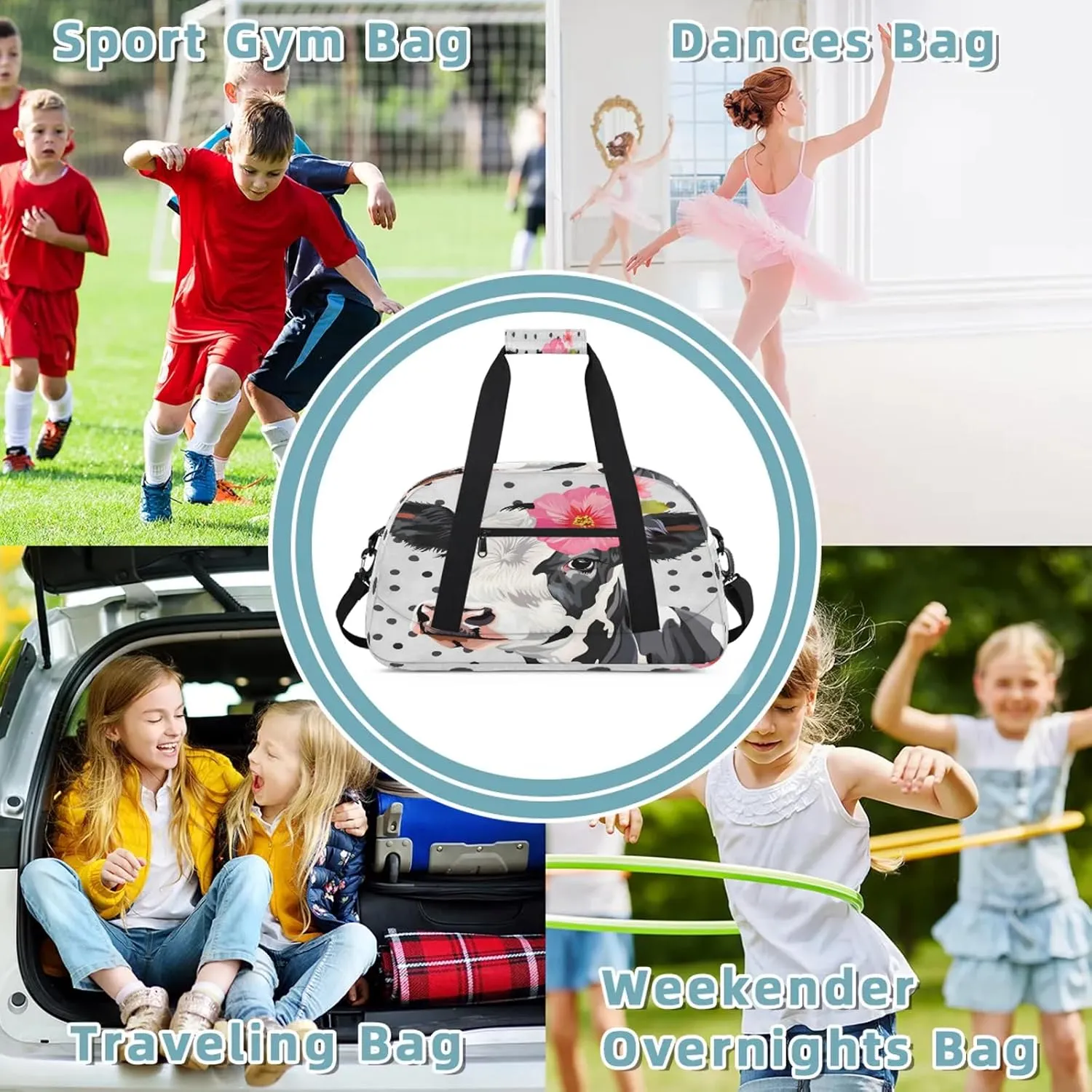 Cute Floral Cow Small Gym Bag 18 inch Carry On Duffel Bag for Weekender Travel Sports Workout Yoga Gymnastics Dance Ballet