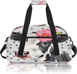 Cute Floral Cow Small Gym Bag 18 inch Carry On Duffel Bag for Weekender Travel Sports Workout Yoga Gymnastics Dance Ballet