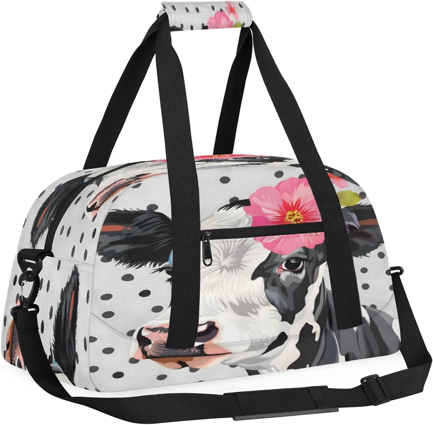 Cute Floral Cow Small Gym Bag 18 inch Carry On Duffel Bag for Weekender Travel Sports Workout Yoga Gymnastics Dance Ballet