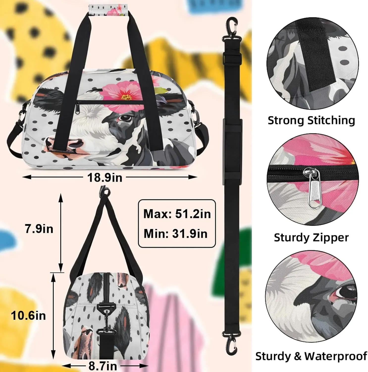 Cute Floral Cow Small Gym Bag 18 inch Carry On Duffel Bag for Weekender Travel Sports Workout Yoga Gymnastics Dance Ballet