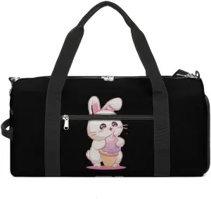 Cute Ice Cream Bunny Rabbit Sports Gym Bag for Men Women Travel Duffel Bag with Shoulder Strap