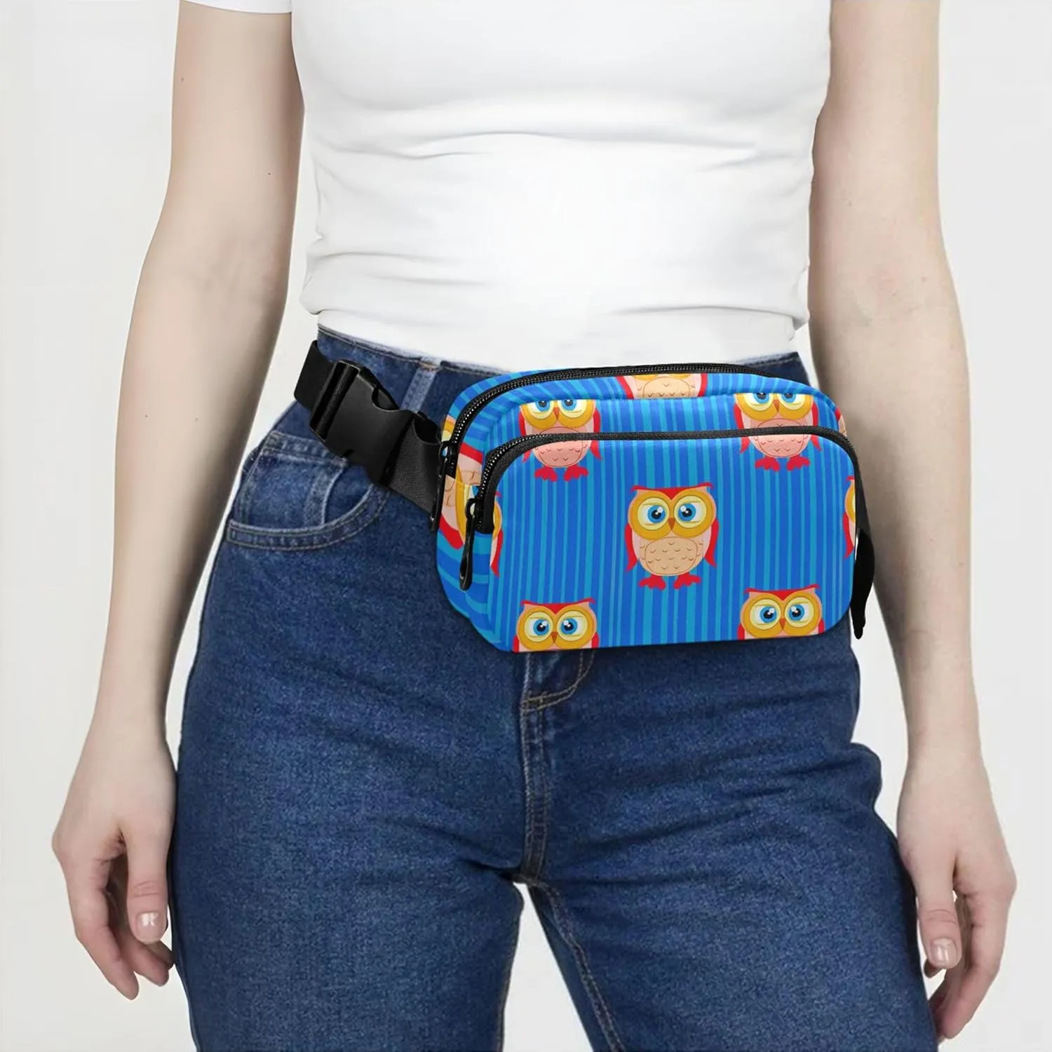 Cute Owl Stripes Blue Waterproof Fanny Packs for Women Belt Bag Hip Pack Designer Cross Body Waist Pack