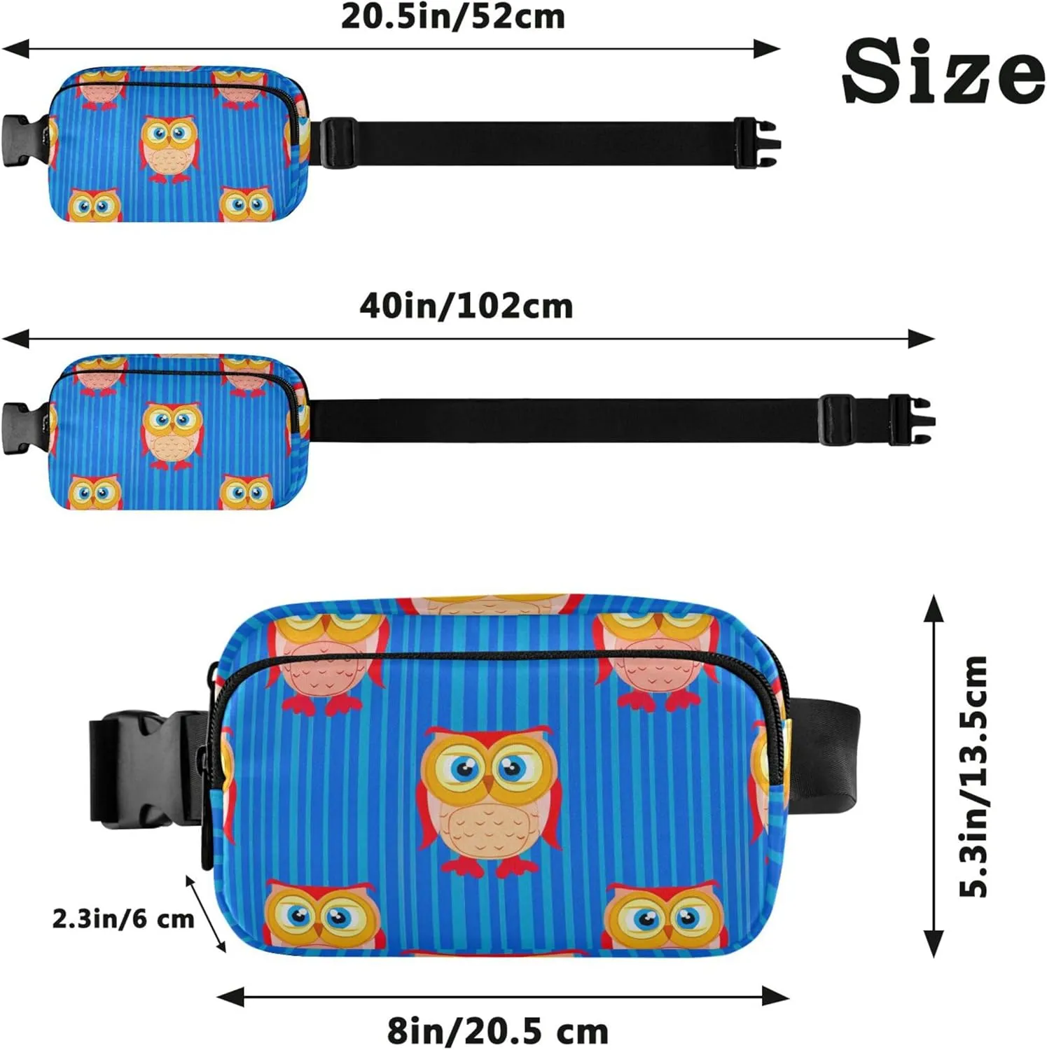 Cute Owl Stripes Blue Waterproof Fanny Packs for Women Belt Bag Hip Pack Designer Cross Body Waist Pack